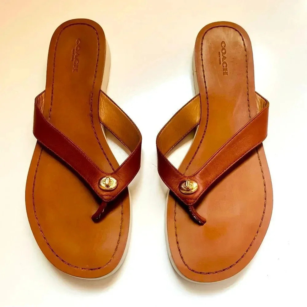 Coach Shelly Turn Lock Saddle Leather Sandals - Picture 2 of 10